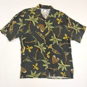 Ringo Sport Mens Small Rayon Hawaiian Shirt Tropical Musical Instrument Green